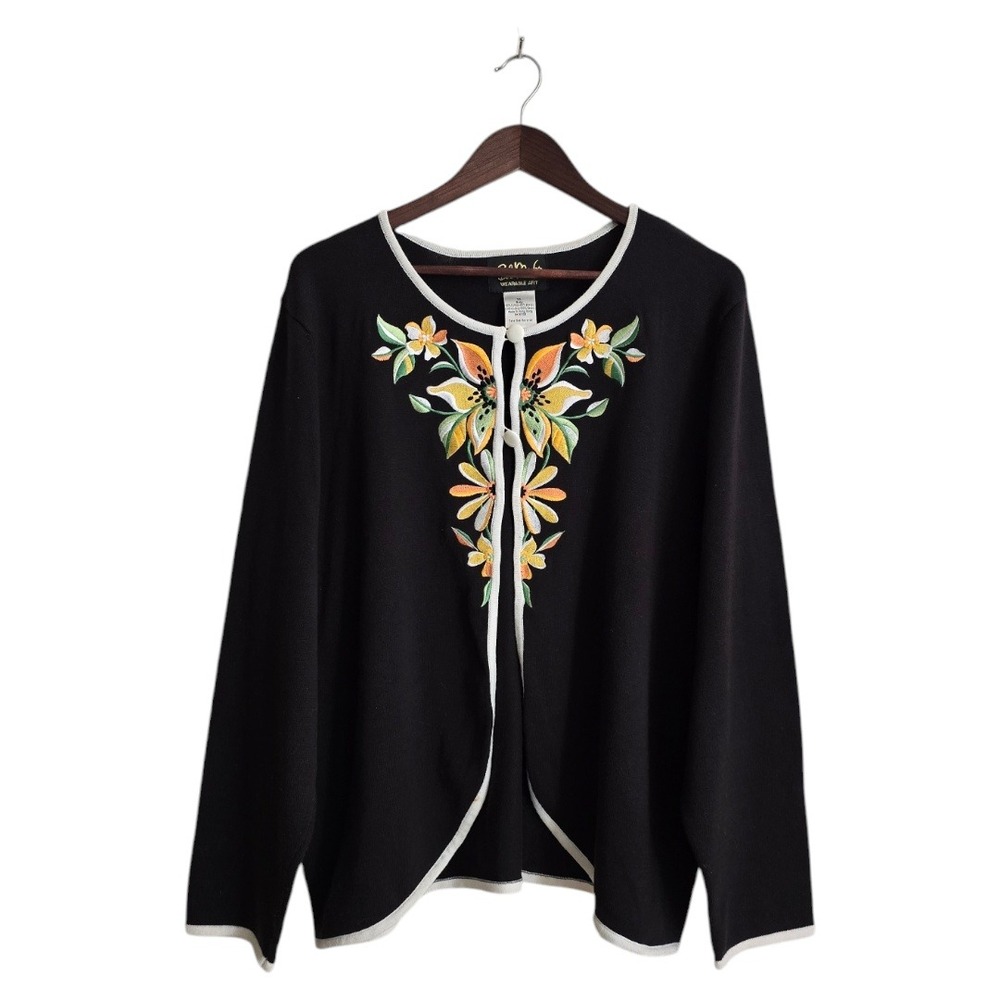 Bob Mackie Vintage Black Floral Embroidered 2 Button Cardigan Sz XL